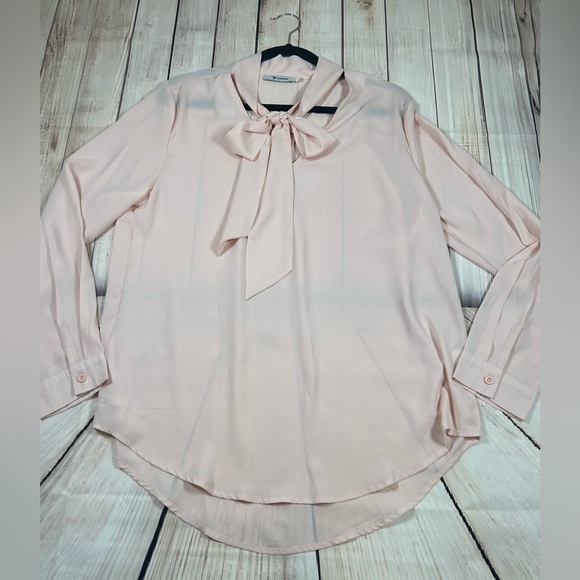 Elegant Blush Pink Sheer Long Sleeve Blouse with Bow Tie at Neckline. - Picture 4 of 8